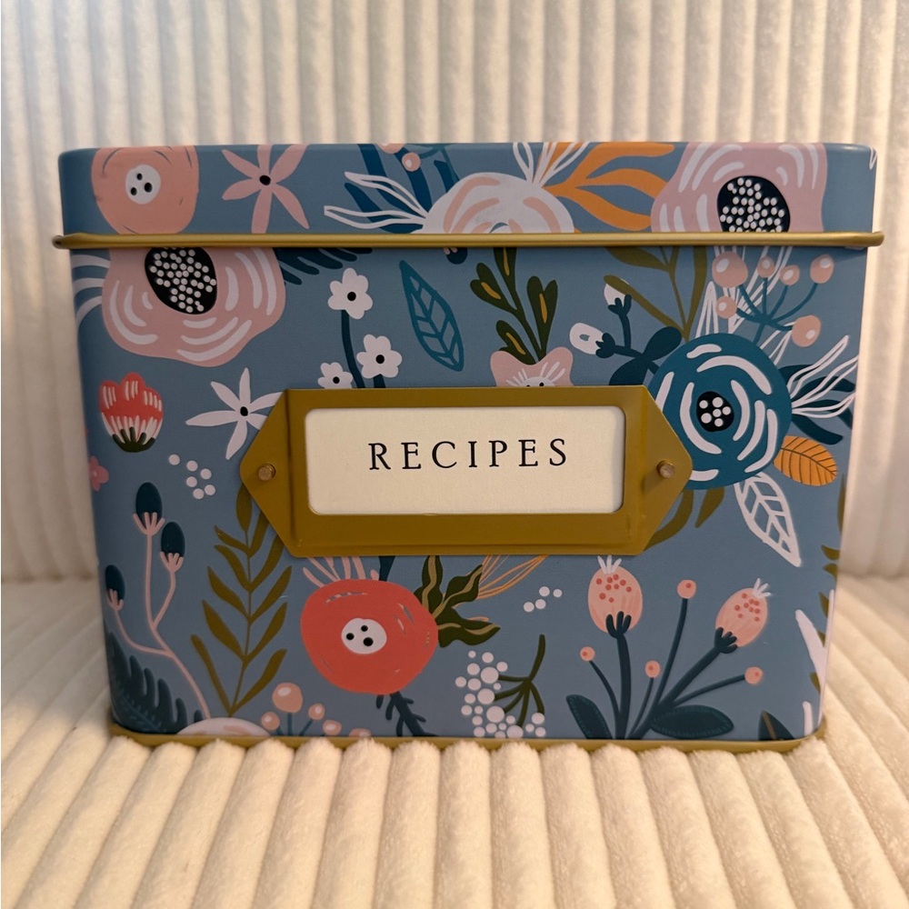 Jot & Mark Floral Blue Recipe Tin Box with Gold Label Holder